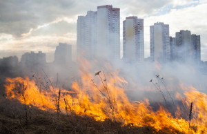 A fire burns in front of a city with tall buildings.