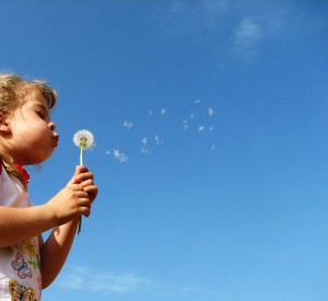 A little girl blowing a dandelion against a blue sky.