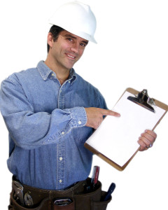 A man holding a clipboard and pointing to a piece of paper.