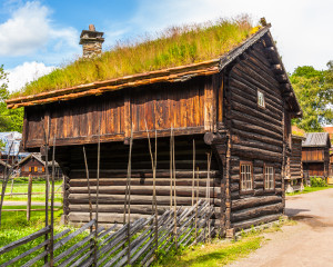 A wooden house with grass on the roof.