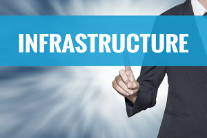 A businessman pointing to the word infrastructure.