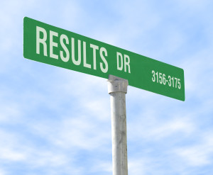 A green street sign that says results dr.