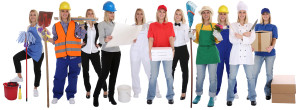 A group of construction workers posing in front of a white background.