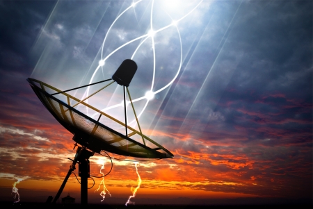 A satellite dish with lightning in the sky.