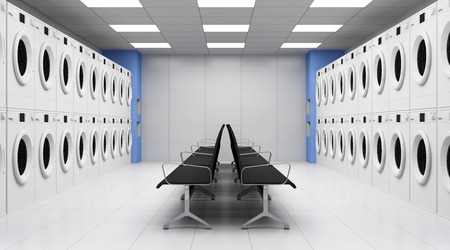 A laundry room with a bench and washing machines.