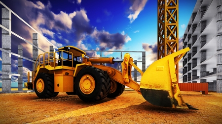 A bulldozer is parked in front of a building.