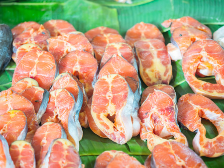 Fresh fish on a banana leaf.